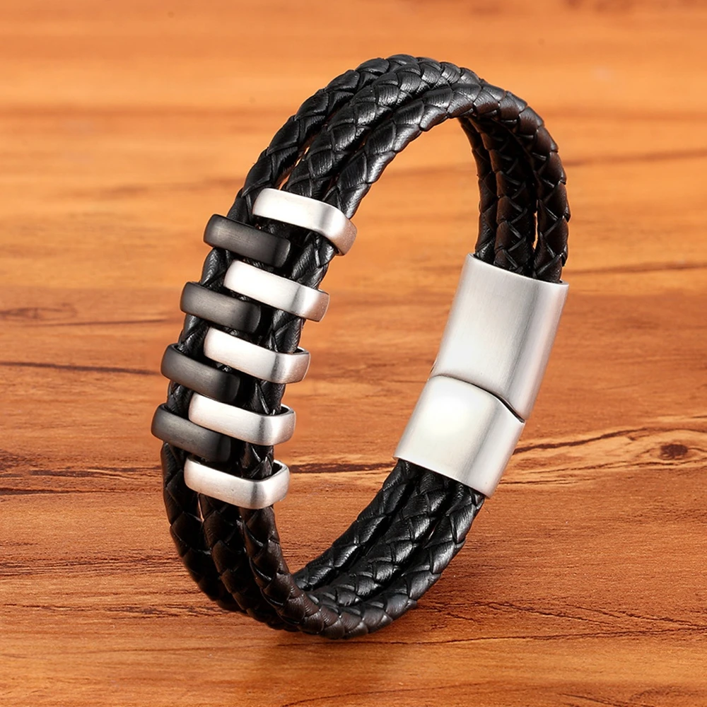 TYO Boys Mens Unisex Italian Black Layered Genuine Leather Charm Bracelets with Stainless Steel Magnetic Clasp Sizes 19/21/23CM