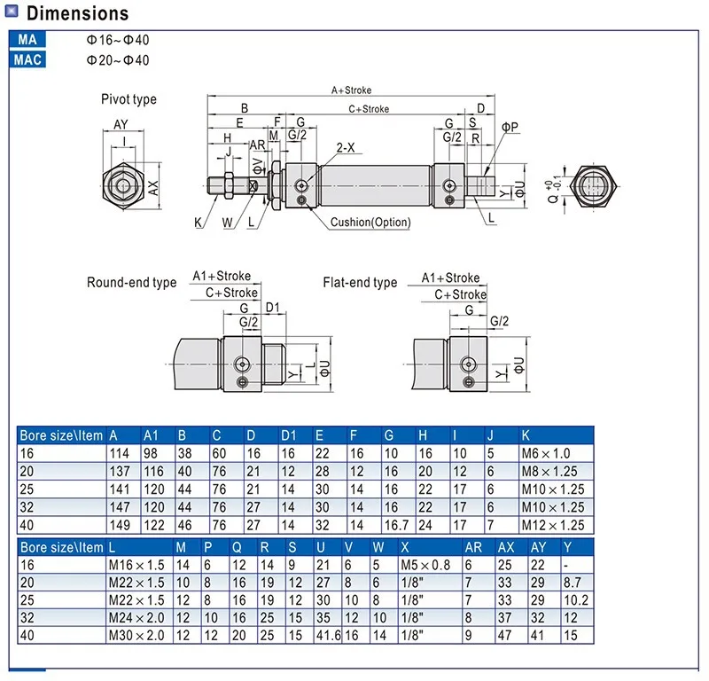 Pneumatischer Luftzylinder 40MM Bohrung Edelstahl Doppeltwirkende Mini-Rundzylinder MA40x25-CA-S MA40x50-CA-S MA40x500-CA-S – Detail 6