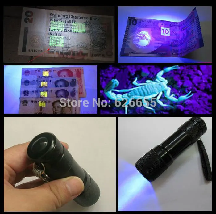 Mini 9 LED Flashlight UV Money Detector Flashlight 365nm Ultraviolet Torch Household Protable Outdoor Camping Riding light