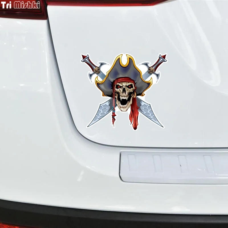 Tri Mishki WCS423 15.7*14cm skull sword pirate cards wings car sticker funny PVC coloful Decals Motorcycle Accessories sticker