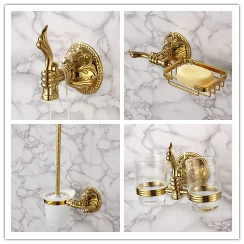 Luxury gold 4-Piece Bathroom Hardware Accessory Set brass copper  Robe hook Toothbrush cup Toilet brush Holder Soap basket