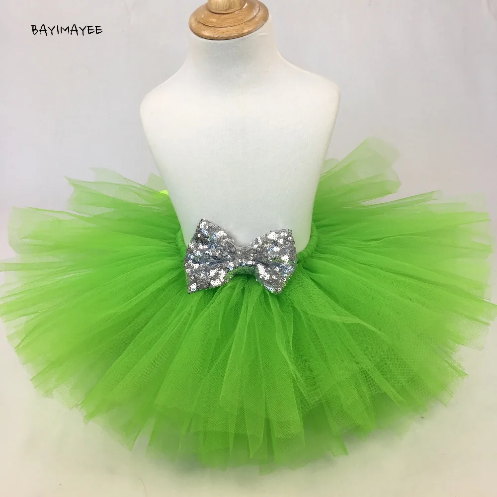 Girls Green Tutu Skirt Baby Tulle Pettiskirts with Silver Sequin Bow Kids Party Skirt Costume Underskirts Children Ballet Tutus