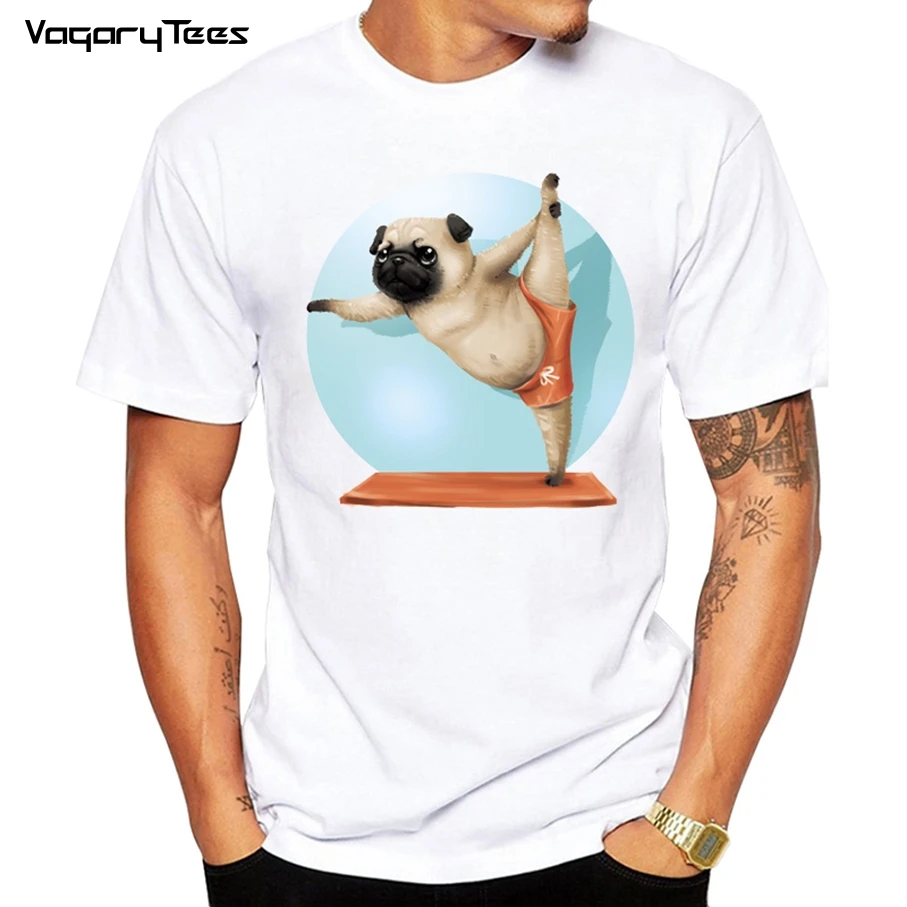 Funny Hippie Danced Pug Dog exercise Funny Lovely Animal Loose men Round Neck Short Sleeve Print T-shirt Men\'s Tops Tees