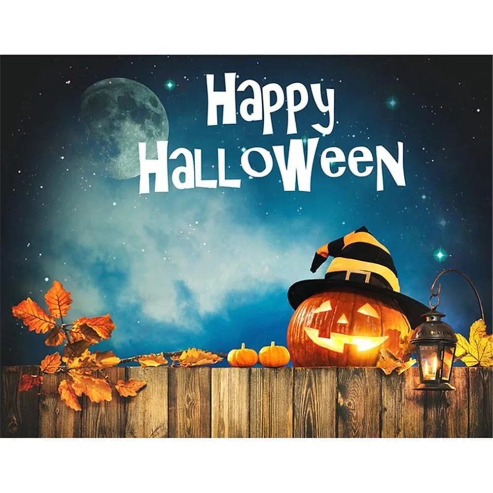 

Glitter Stars Full Moon Night Halloween Photo Backdrops Printed Pumpkin Lantern with Hat Maple Leaf Kids Photography Backgrounds