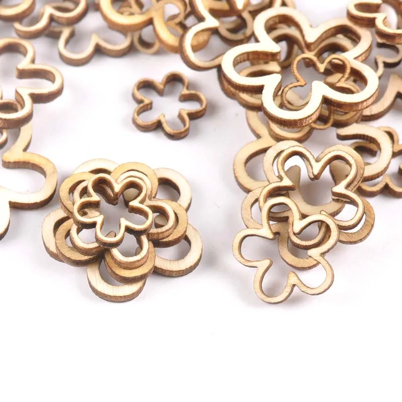 50pcs 15-30mm Hollow Flower Shape Wood For Scrapbooking Handmade DIY Carfts Wooden Embellishment Home Decor Orname m2179