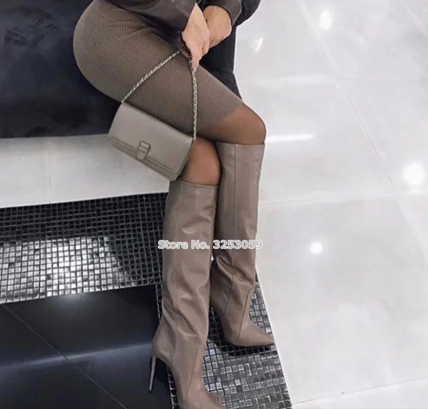 ALMUDENA Women Coffee Leather Stiletto Heels Knee High Boots Pointed Toe Nice Street Dress Shoes Tall Boots Gladiator Long Boot