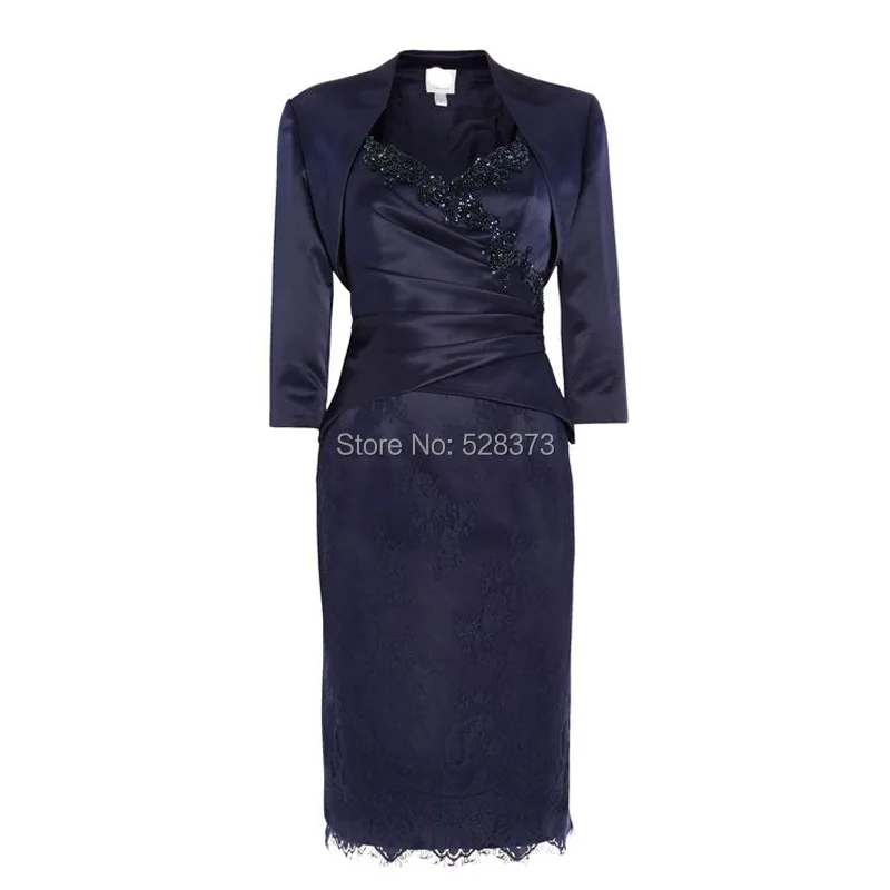 YNQNFS MD6 Real Photos Lace Knee Length Short Mermaid Navy Blue Mother of the Bride/Groom Dresses with Jacket Outfit