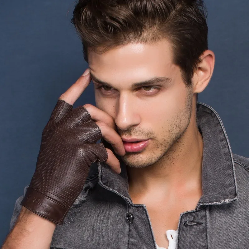 HIGHSHINE Mens Fingerless Leather Driving Gloves Male Breathable Lambskin Unlined Half Finger Gloves