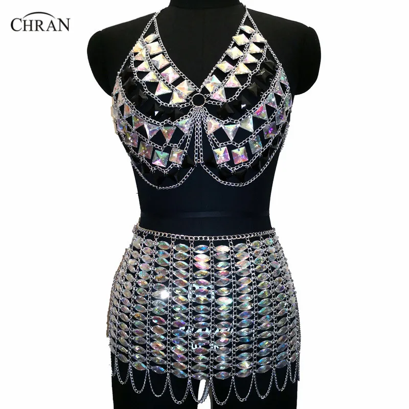 

Chran AB Fringe Skirt Bra Set EDM Party Chain Shoulder Necklace Rave Bralete Festival Dress Costume Wear Ibiza Jewelry CRS410