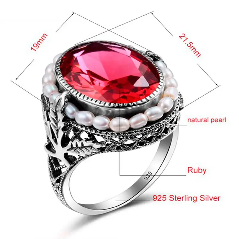 Anillo de plata de ley 100% con perlas naturales de agua dulce para mujer, sortija de circonia cúbica con piedras de rubí de laboratorio, elegante, para boda