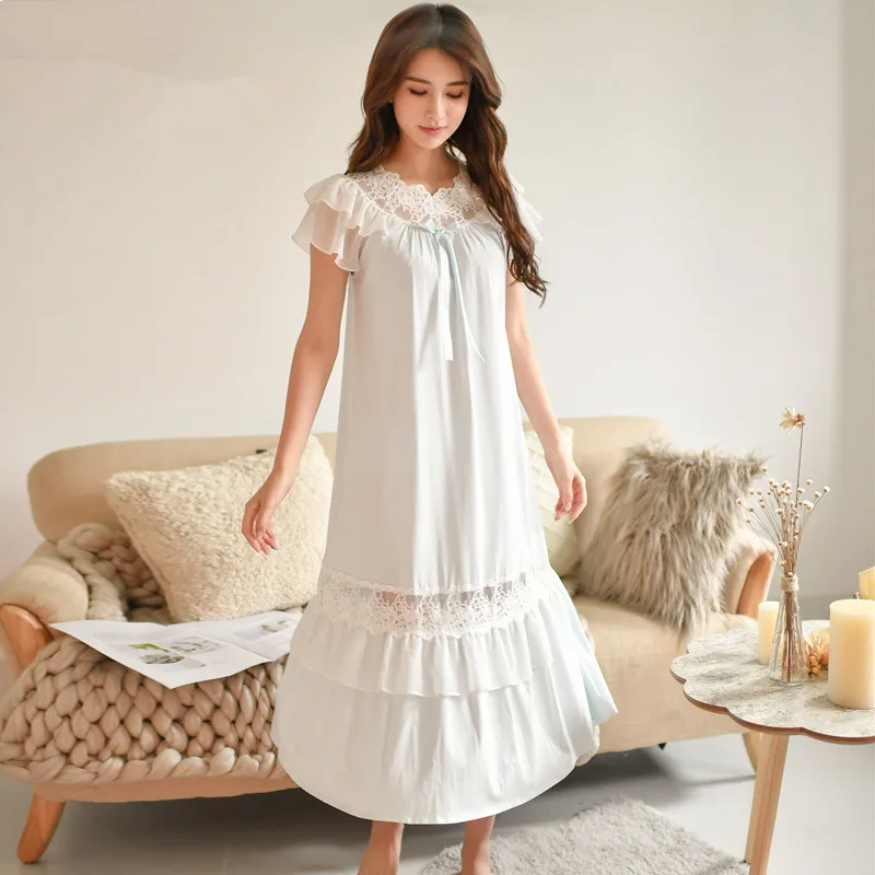 New Arrival Women Sweet Japan Style Royal  Hollow Lace Pure Cotton Nightgown Sleep Wear Gowns Lady Leisure Night Wear C8053