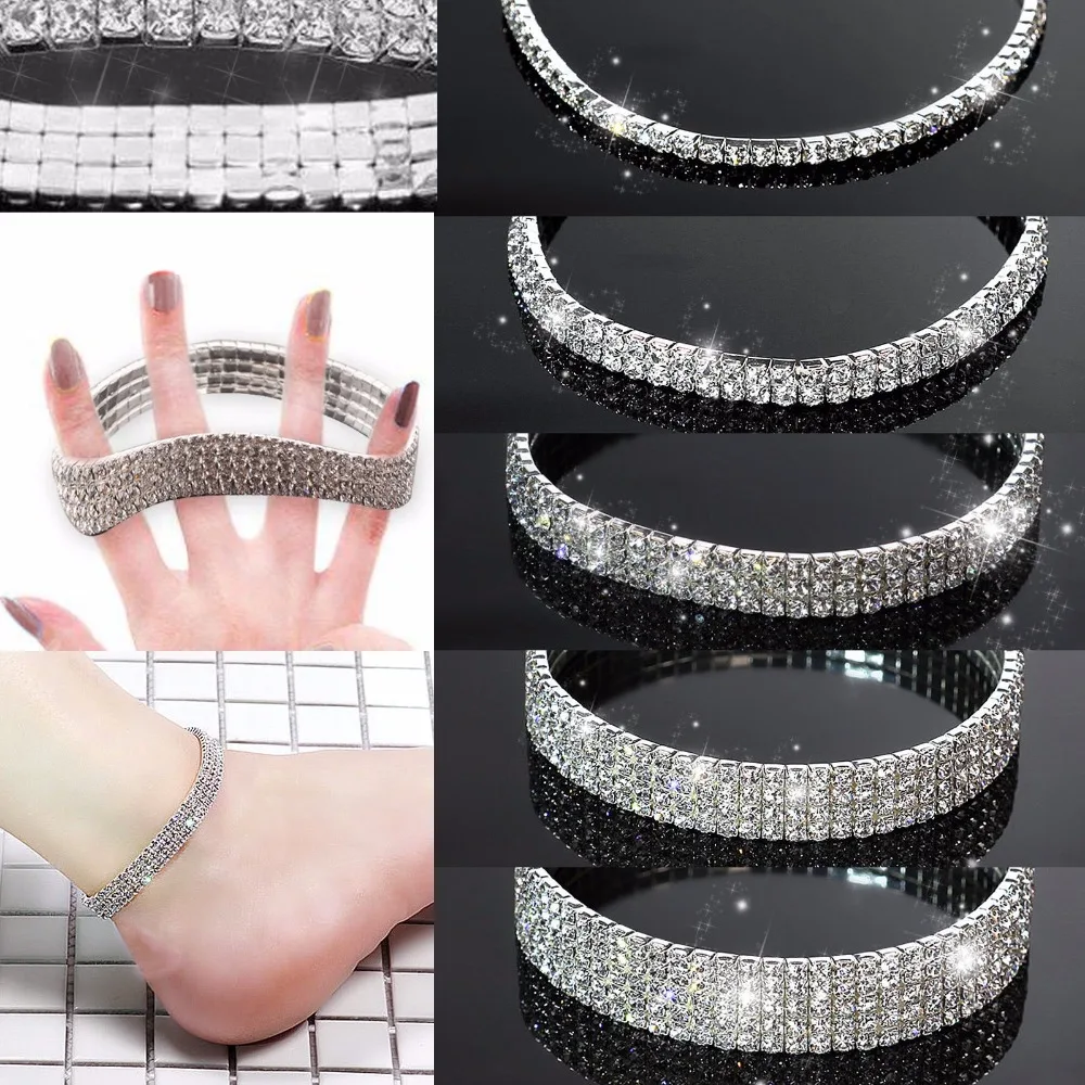 Silver Color Full Rhinestone Elastic Anklets for Women