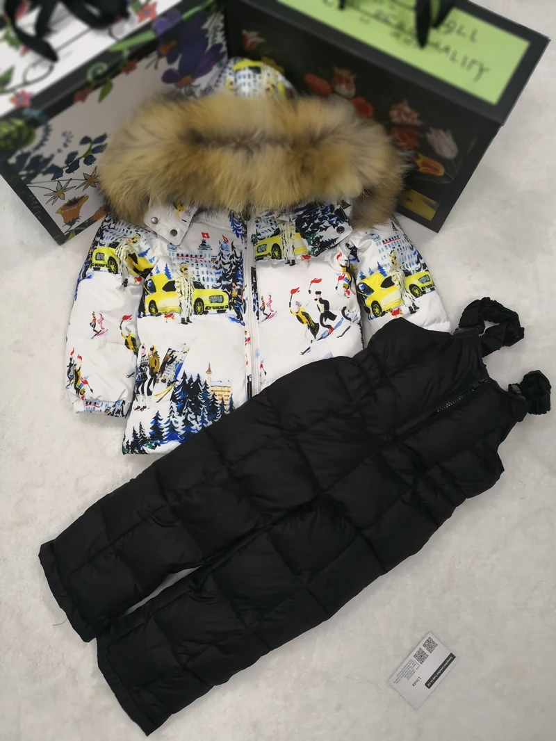 

80cm -140cm 2021 Winter Jacket Children down jackets & PANT duck down Fur hooded girl snowsuit boy Suit set outerwear ski suit