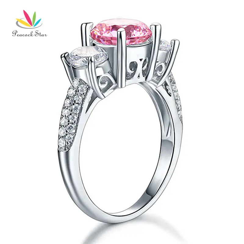 Peacock Star 925 Sterling Silver 3-Stone Promise Ring 2 Ct Fancy Pink Created Diamante Vintage Style CFR8227