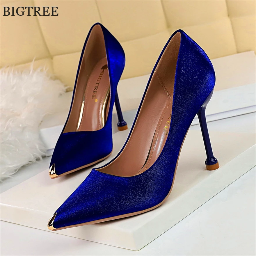 BIGTREE Shoes Blue Red Wedding Women Pumps New Metal Pointed Toe Soft Silk Fashion Stiletto High Heels Party Ladies Office Shoes