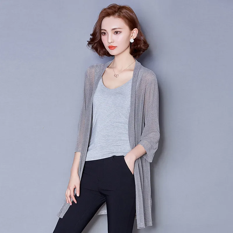 Summer Autumn Women Midi Long Cardigan Casual Loose Silk Mesh Cardigans Female Thin Air Conditioning Shirt Coat Plus Size AB1453