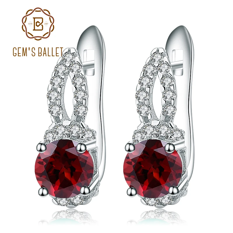 GEM\'S BALLET 925 Sterling Silver Stud Earrings 2.10Ct Natural Red Garnet Gemstone Simple Elegant Earrings for Women Fine Jewelry