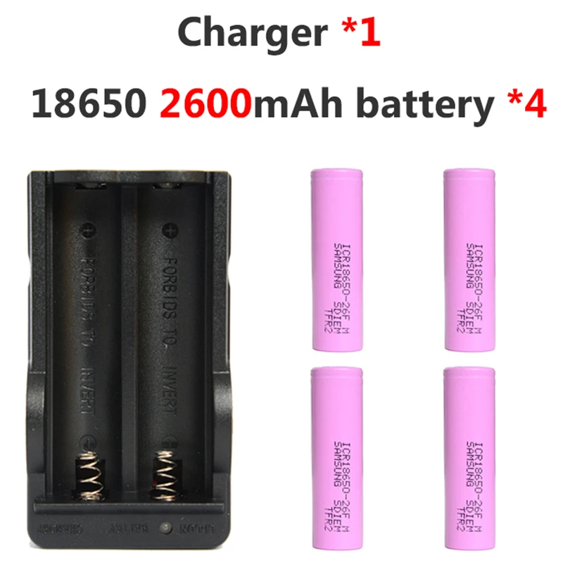 4pcs/lot 3.7V 2600mAh 18650 Rechargeable Li-ion Battery 1*18650 Charger For Samsung 26F for Led Flashlight Headlight