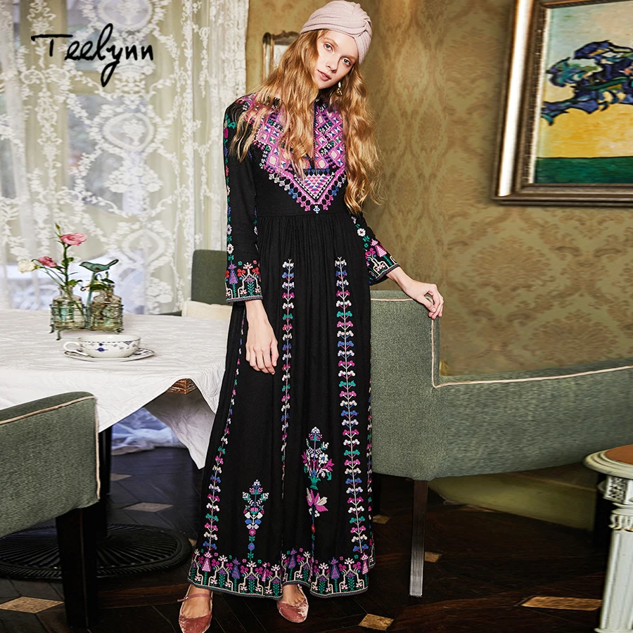 TEELYNN Boho áo dài thu đông 2018 Dân Tộc thêu hoa Rayon áo cổ V sang trọng Áo thương hiệu Bộ Thun váy đầm cho Nữ