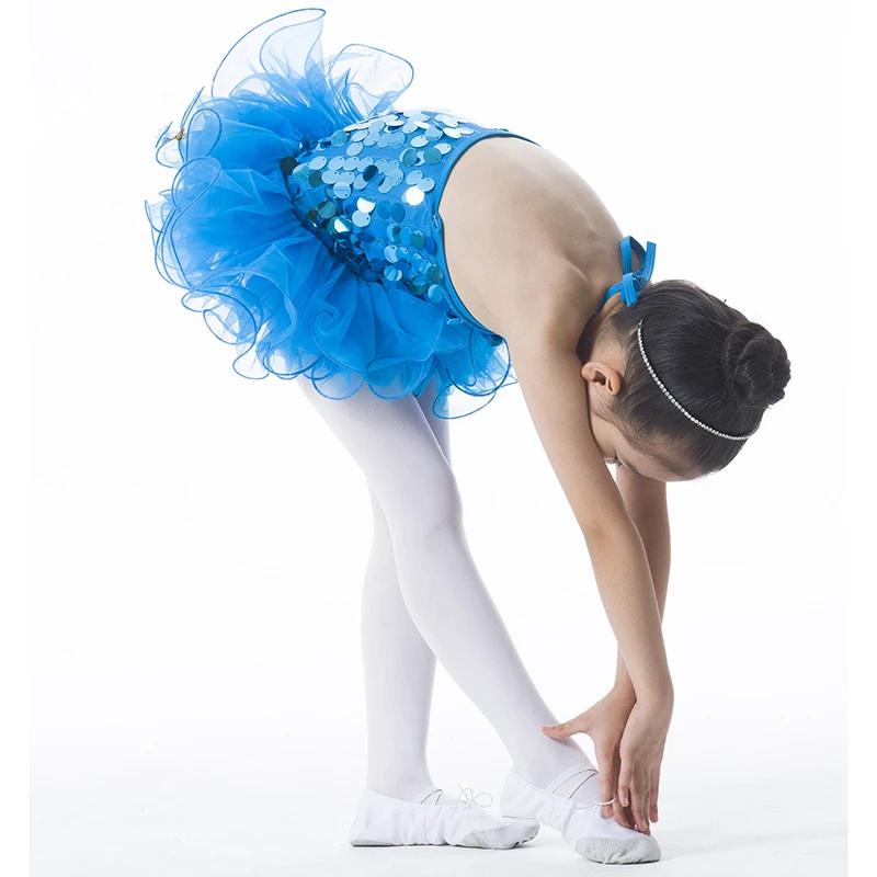 

Blue Pink Halter Leotard With Three Layers Ballet Tutu Skirt & Shining Sequins For Girls Professional Stage Performance Costume