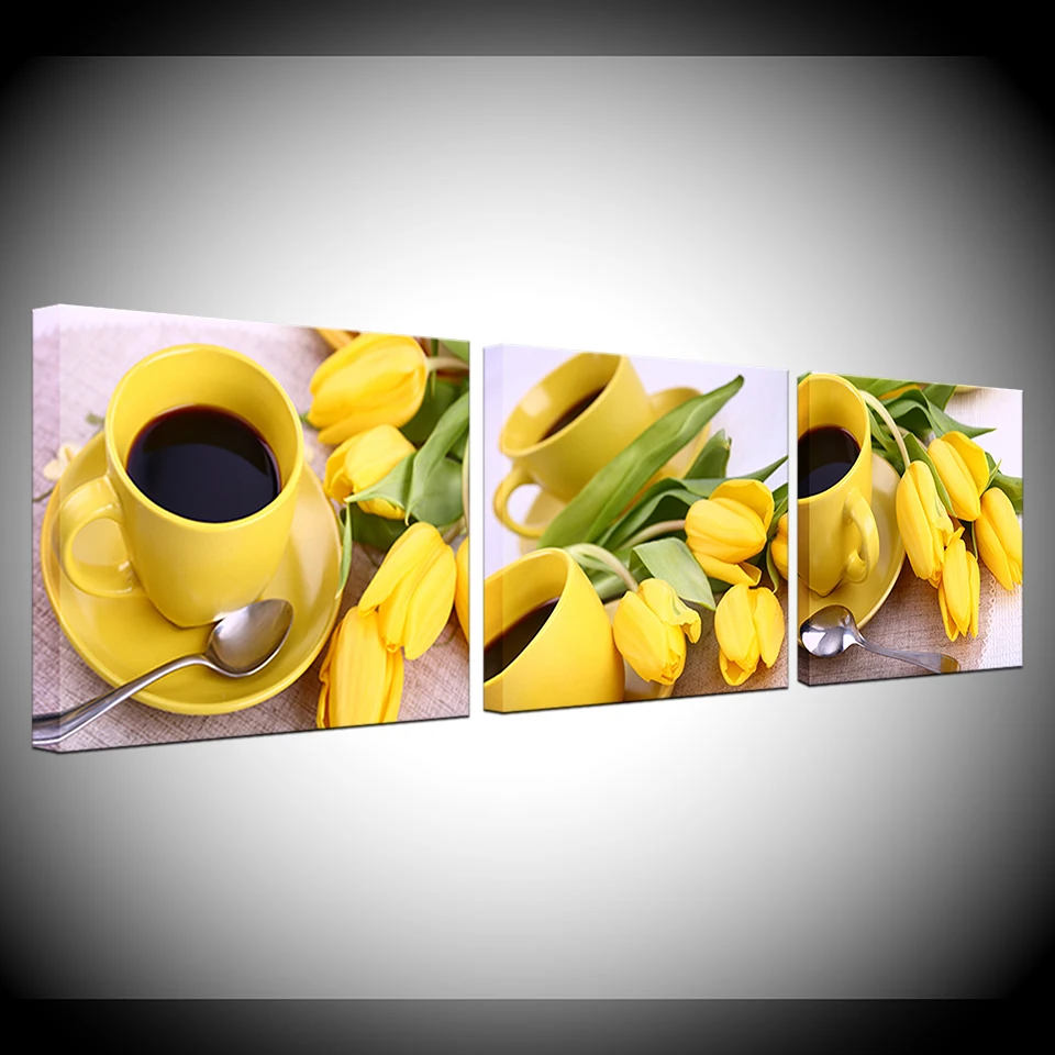جميلة الزنبق الأصفر والأكواب طباعة 3 لوحة ملصق وطباعة قماش اللوحة صورة لغرفة المعيشة ديكور المنزل