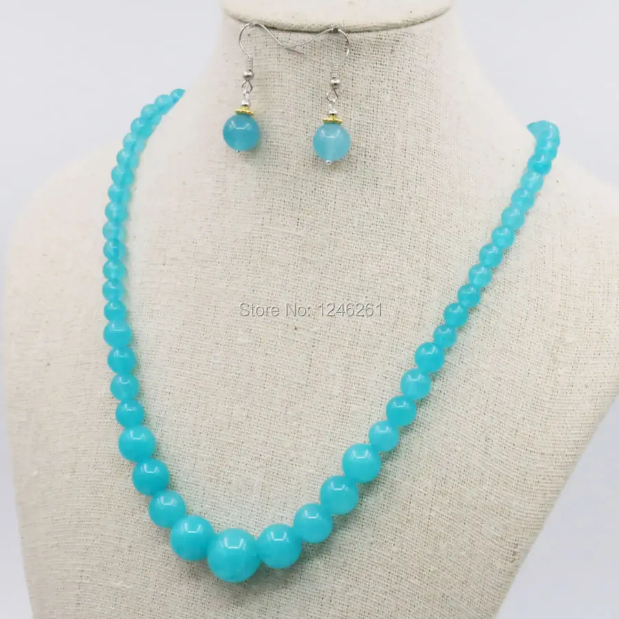 6-14mm Shining Blue Amazonite Lucky Stone Tower Necklace Chain Earring Sets Round Beads Jewelry Making Gifts Accessories 18inch