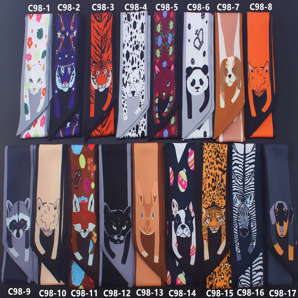 Cartoon Panda Cat Print Twill Silk Small Women Fashion Scarf Hair Bags Handle Decoration Tie Multifunction Hand Ribbon Scarf