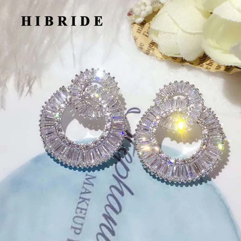 

HIBRIDE New Clear Cubic Zircon Double Round Stud Earrings For Women Bridal Accessories Brincos Jewelry Patry Gifts E-939