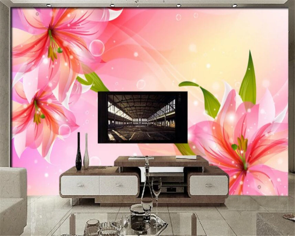 

Beibehang 3d Wallpaper Living Room Bedroom Mural Fashion Dream Pink Lily Flower TV Wall Decorative Painting papel de parede