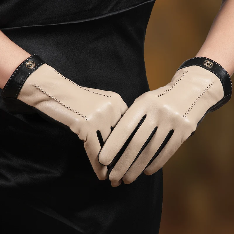 Real Leather Gloves Female Fashion Two Tones Touchscreen Sheepskin Warm Plushed Lined Women Driving Gloves Ladies L169NC2