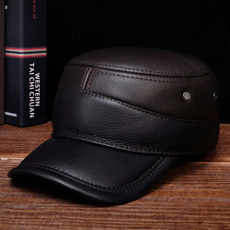 HL088 Men\'s Genuine Leather Baseball Caps New Brand New Winter Warm Russian Real Leather Caps