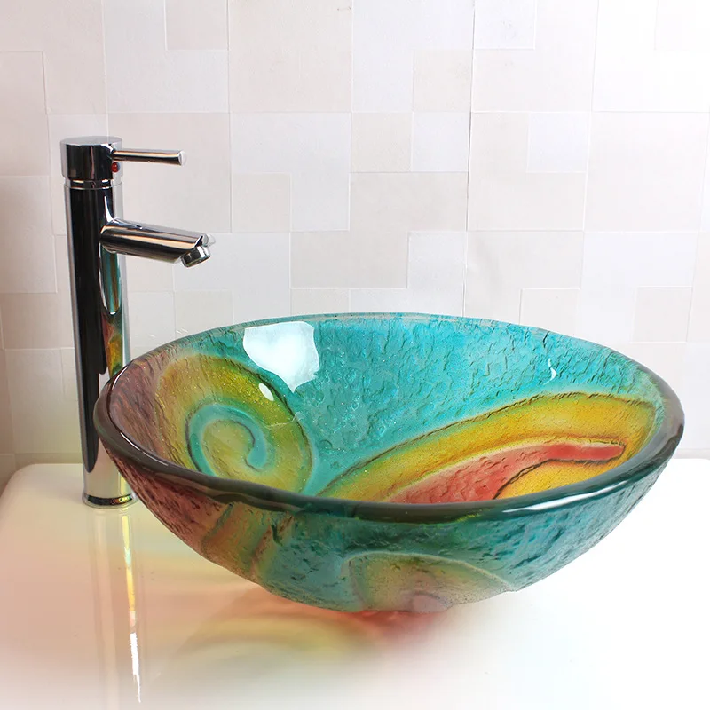 Glass Washbasin Glazed Art  Bathroom Glass Vessel Sink round + Chrome Faucet Pop Up Drain