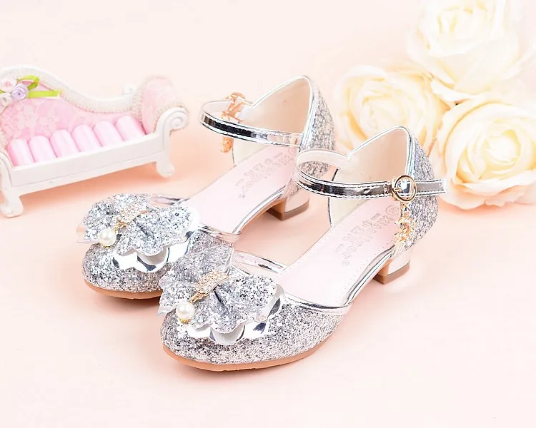 Summer girl shoes High Heels Princess Sandals Kids Wedding Beading Bowtie Shoes for Children Pink Gold Silver school dance shoe