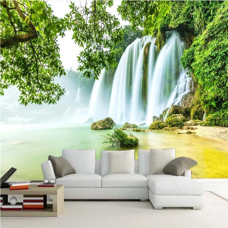 

beibehang Green waterfall landscape beautiful simple and clear HD background wall custom large fresco green wallpaper