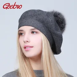 Geebro Women's Beret Hat Winter Casual Knitted Cashmere Berets With Raccoon Fur Pompom Femme French Solid Artist Beret Cap