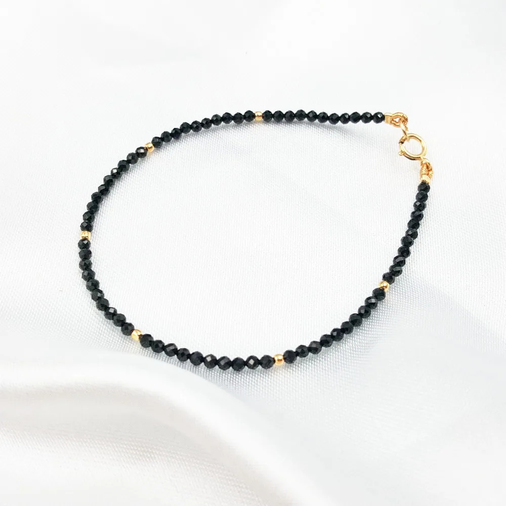 Lii Ji Natural Stone Black Spinel 2-3mm Faceted Beads&925 Sterling Silver Beads Clasp Fine Bracelet 7\'\'-8\'\'