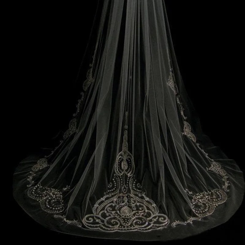 Hot Vintage ใหม่เจ้าสาวลูกไม้ขอบ Applique Sequins Cathedral ความยาว Tulle ทำจาก Wedding Veil กับหวีฟรี