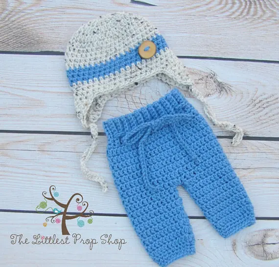 

0-3month Baby Infant Newborn Knit Costume Photography Prop Crochet boys Hat+ blue Pants 2pcs set