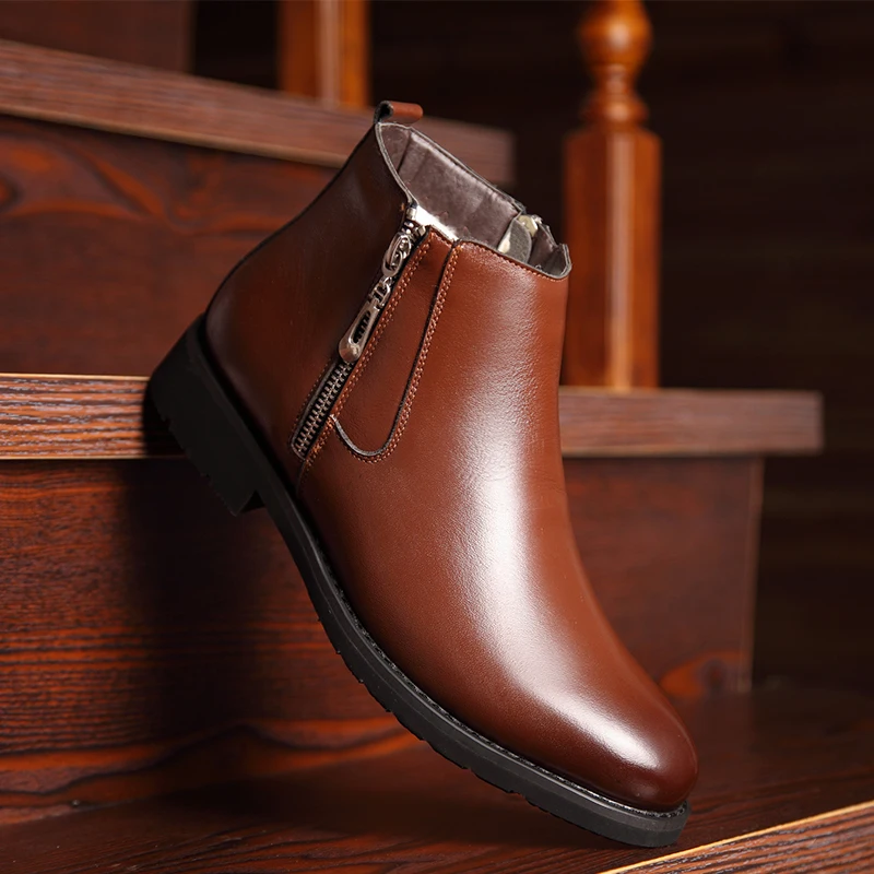Round Toe Ankle Boot Slip On Leather Snow Boots Men Winter Casual Chelsea Boots Black Mens Winter Shoe