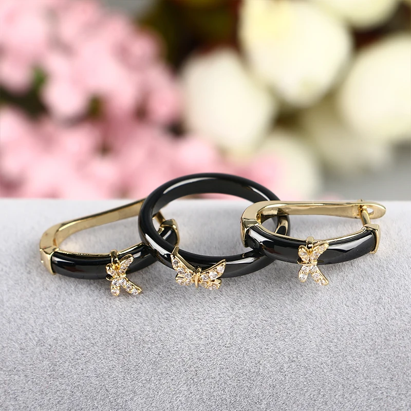 Gold Butterfly Rings and Earrings AAA Rhinestone Healthy Ceramic Jewellery sets Women Mom Gift Jewelry For Wedding Accessories