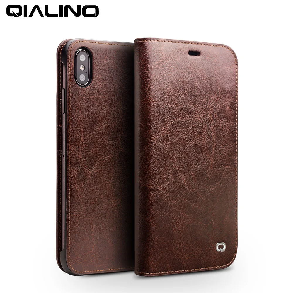 

QIALINO Luxury Ultra Slim Handmade Phone Case for iPhone XS/XR Genuine Leather Wallet Card Slot Bag Flip Cover for iPhoneXs Max