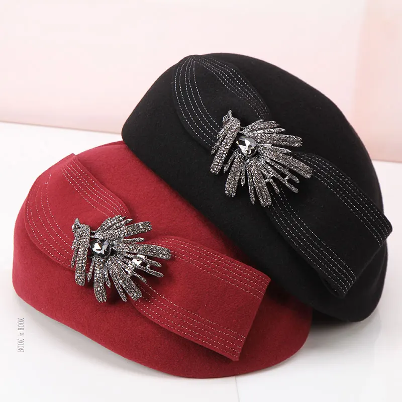 Lady Rhinestone Decorated Fedoras Hat Women\'s Fashion Wool Hat Girls Autumn Winter Short Brim Cap Woolen Cap Small Hat  B-8936