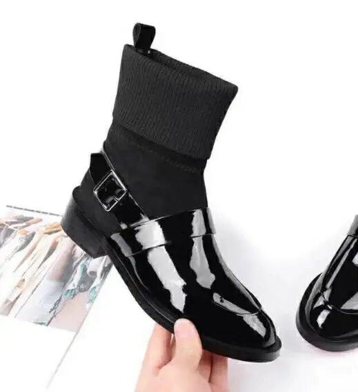 

Sestito The Latest Female Patchwork Round Toe Ankle Boots Woman Shinning Patent Leather Slip-on Square Low Heels Shoes Lady