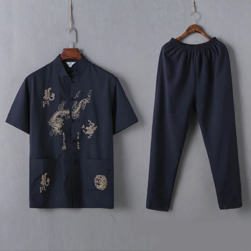 Casual Mandarin Collar Short Sleeve Shirt&Pant For Men Oriental Male Dragon Tang Suit Chinese Traditional Kung Fu Clothing