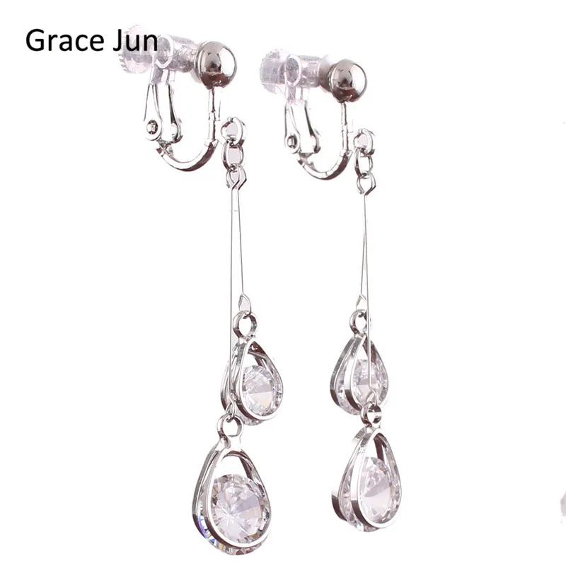 Grace Jun Korea Style CZ Double Water Drop Shape Clip on Earrings Non Piercing for Women Party Wedding Charm Jewelry Bijouterie