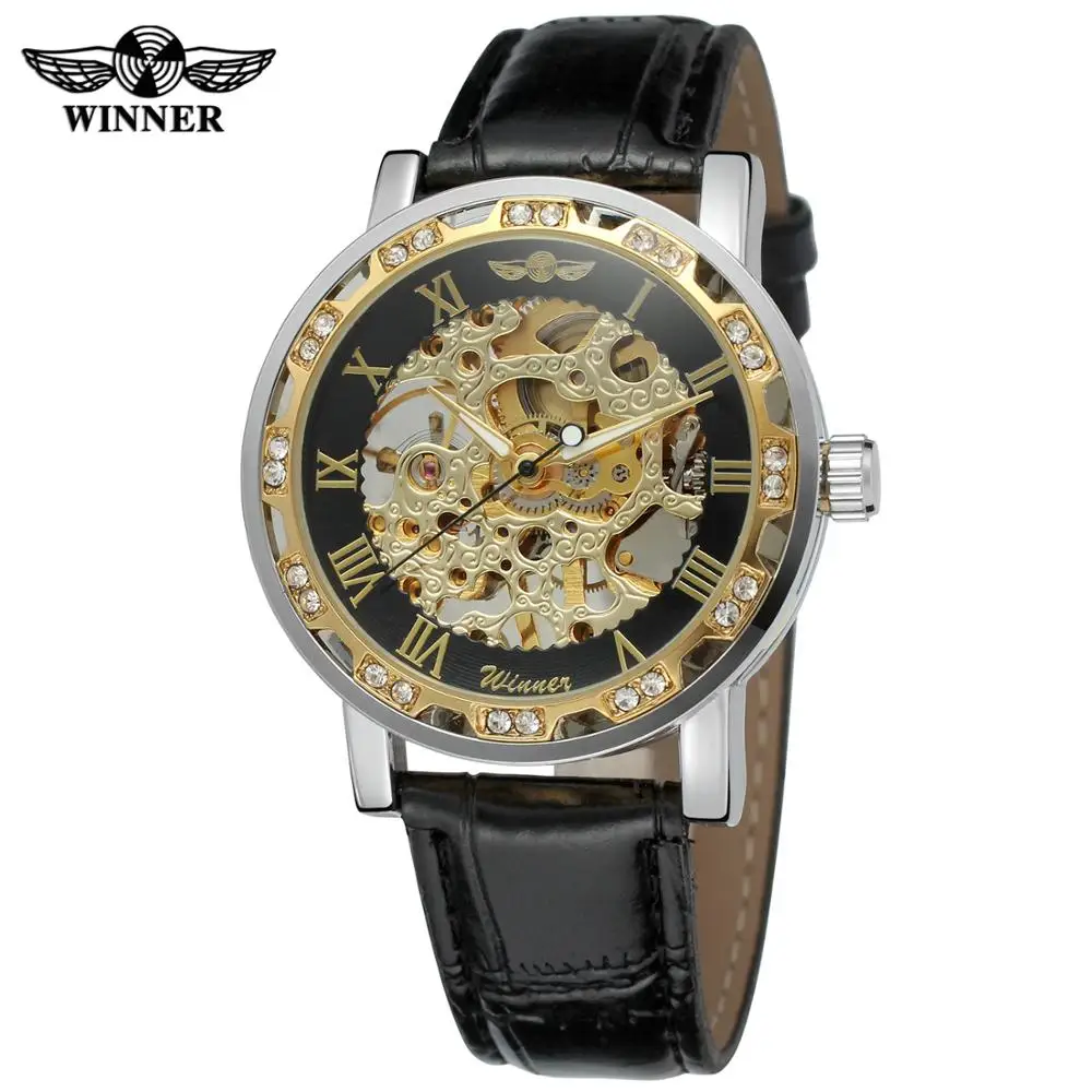 

T-WINNER WATCH gloden and black Roman Numerals creative reverse black leather strap men's mechanical watch