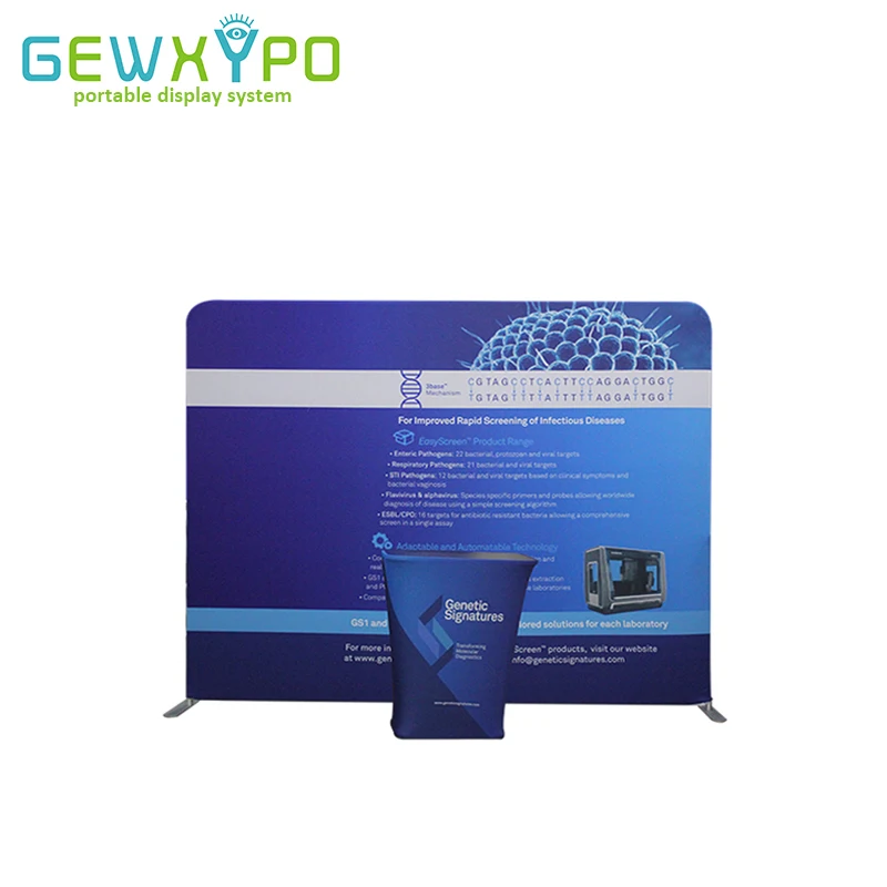 Expo Booth 10ft Pillow Case Style Straight Fabric Backdrop Advertising Stand With Printed Banner And Portable Square Bar Counter