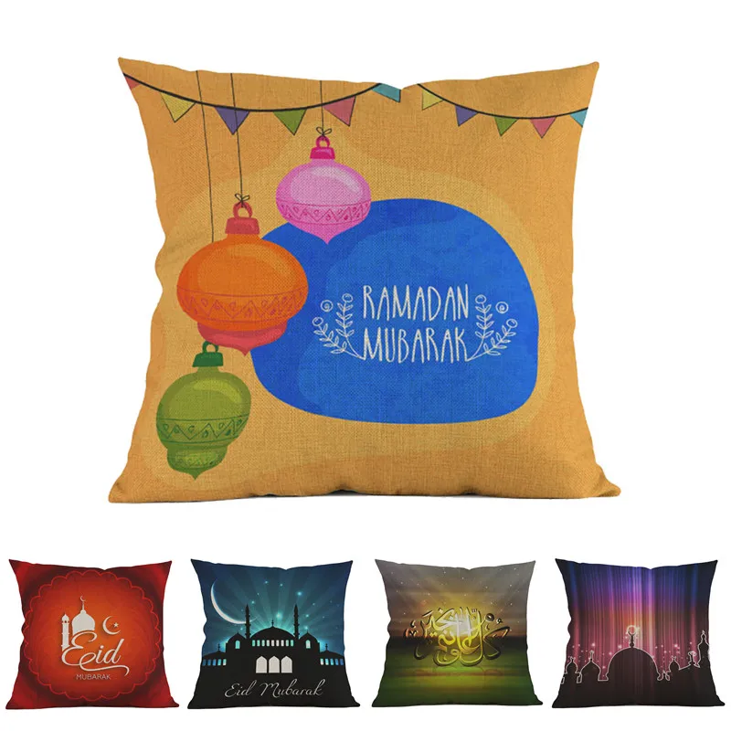 Muslim Eid Ramadan Decorative Cushion Cover Islam Ramadan Mubarak Cute Cartoon Mosque Moon Print Cotton Linen Sofa Pillow Cover