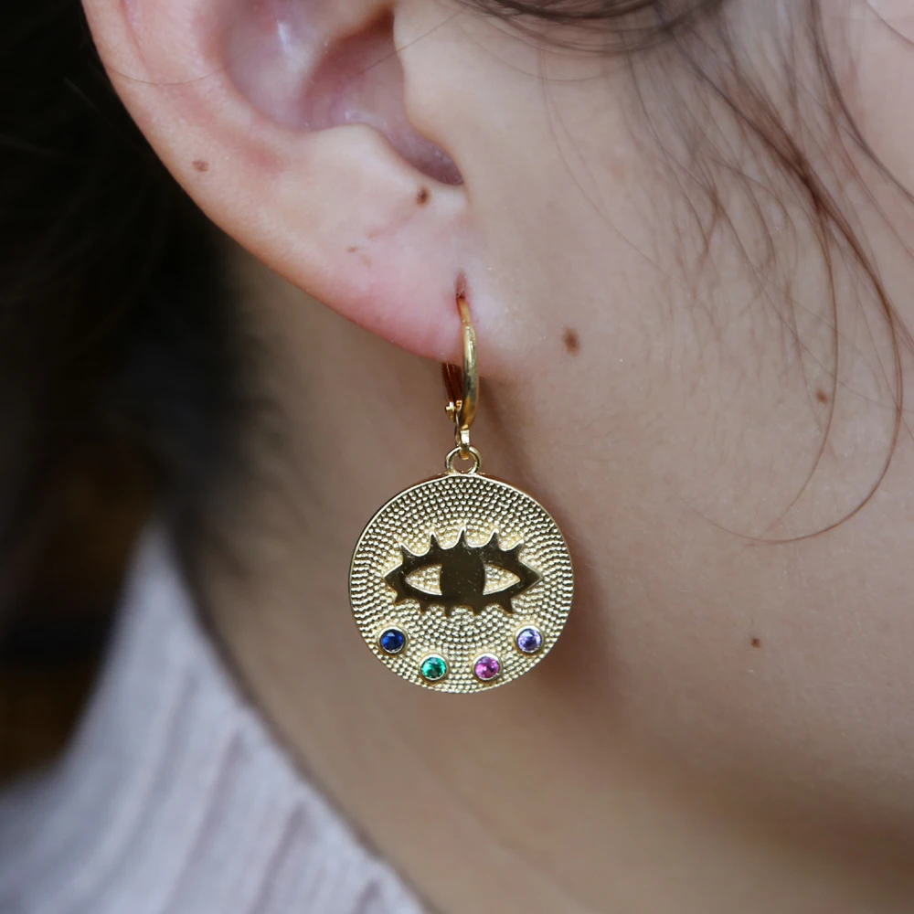 Geometric coin gold color earring for women rainbow cz engraved evil eye lucky symbol dangling earrings