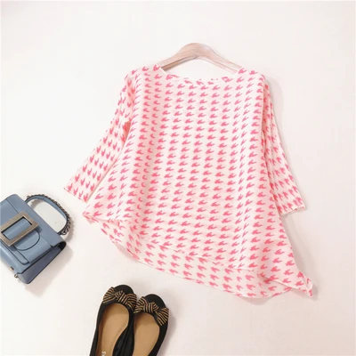 

HOT SELLING Miyake Fashion fold Houndstooth PRINT o-neck three quarter T-shirt IN STOCK